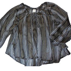 Blouse M/L NEW chiffon sheer striped black-gold long sleeve dressy Top Shirt
